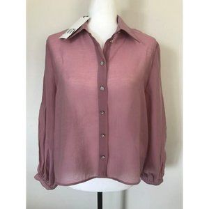 ZARA Blouse Top Size Medium Dusty Pink Diamante Buttons Semi Sheer